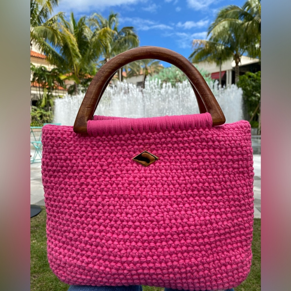 Pink Handwoven Purse with wooden handle